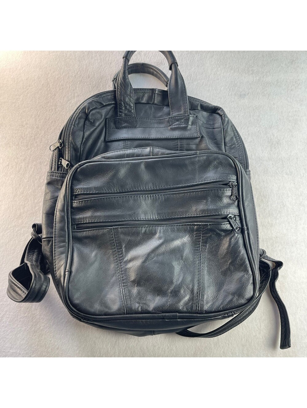 Genuine Leather Black Backpack lots of pockets zippers school bag travel